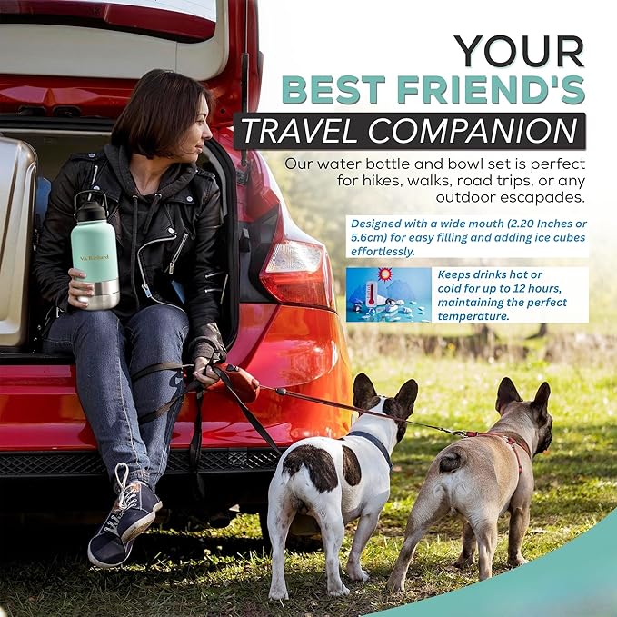 32oz Stainless Steel Dog Water Bottle, 3 in 1 Double-Walled Insulated, with 2 Bowls & 2 Different Leak-Proof Lids, Portable Travel Water Bottle for Pet & Humans, BPA-Free, Ideal for Walking & Outdoor