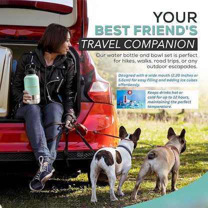 32oz Stainless Steel Dog Water Bottle, 3 in 1 Double-Walled Insulated, with 2 Bowls & 2 Different Leak-Proof Lids, Portable Travel Water Bottle for Pet & Humans, BPA-Free, Ideal for Walking & Outdoor