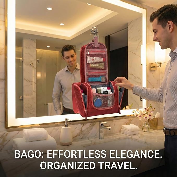 Bago Travel Toiletry Bag for Women and Men - Large Waterproof Hanging Large Toiletry Bag for Bathroom and Travel Bag for Toiletries Organizer - Makeup Bag (Red)