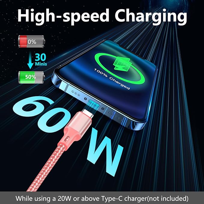 cugunu USB C to USB C Charger Cable, Nylon Braided 3Pack 60W 6.6FT Type C Fast Charging Cord Compatible for iPhone 15/16/17/Pro/Max/Plus, iPad, Air5, MacBook, Samsung, Google-Pink