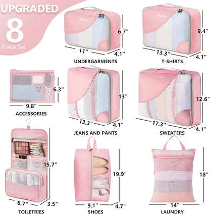 8 Set Packing Cubes for Travel, Gifts for Women Mom,Anti-Tearing Suitcase Organizer for Luggage with Shoe & Hanging Toiletry Bag,OlarHike Vacation Essentials & Accessories for Cruise Ship,Dream Pink