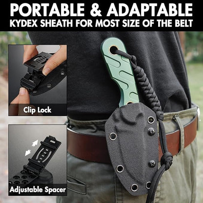 FLISSA Fixed Blade Knife, 7 Inch Full Tang Hunting Knife with Kydex Sheath and Emergency Rope for Tactical, Survival, Camping, Hiking(Green)