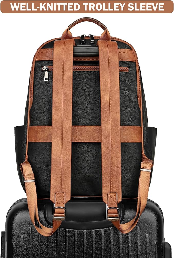 MASINTOR 15.6 inch Leather Laptop Backpack Purse for Women, Designer Travel and Work Bag with Laptop Compartment Black Brown