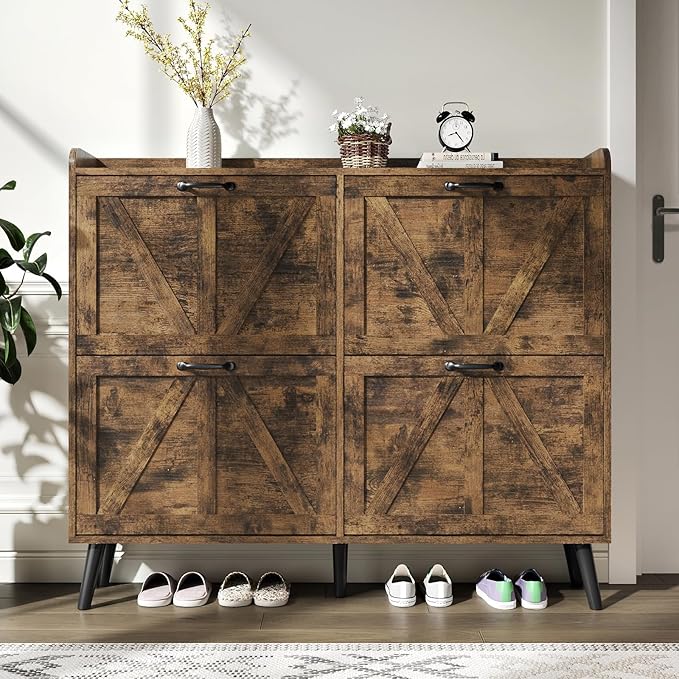 Shoe Cabinet Storage for Entryway Slim, Farmhouse Shoe Organizer Cabinet with 4 Flip Drawers, Farmhouse Hidden Shoe Rack with Wooden Legs, Rustic Brown