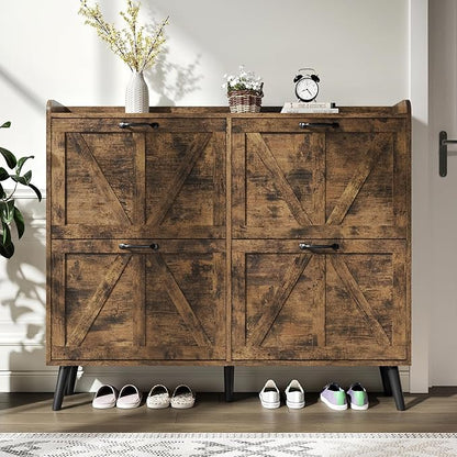 Shoe Cabinet Storage for Entryway Slim, Farmhouse Shoe Organizer Cabinet with 4 Flip Drawers, Farmhouse Hidden Shoe Rack with Wooden Legs, Rustic Brown