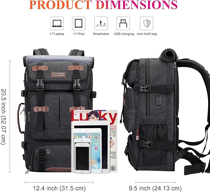 WITZMAN Travel Backpack for Men 40L Large Carry-on Airline Approved Convertible 3 in 1 laptop Bags Fit 17 inch(A8013 Black)