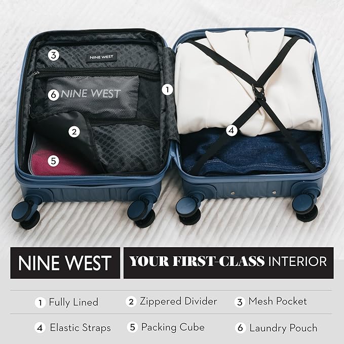 Nine West Zion 20" Inch Smart Carry On Luggage with Wheels, Hardshell Suitcase with Cup Holder & USB Port for Charging, Airline Approved Cabin Bag Lapis