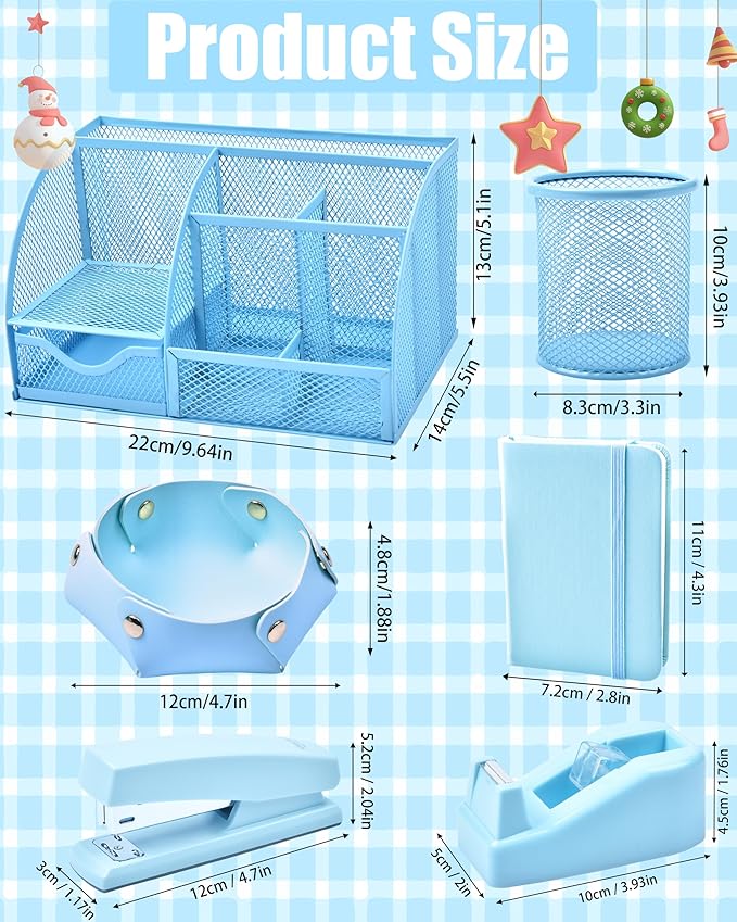 Blue Desk Accessories, 26Pcs Office Supplies and Desk Organizers, with Tape Dispenser, Stapler, Staple Remover, Ect, Christmas Gifts