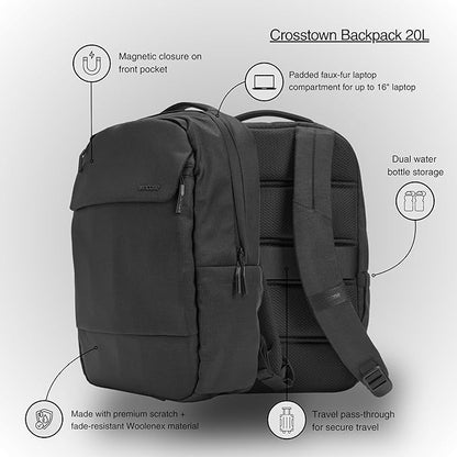 Incase Crosstown Backpack – 20L Everyday Laptop Backpack for Work, Travel – 16" Faux Fur Laptop Sleeve, External Front Pocket, Water Bottle Pockets, Travel Pass Through - Black