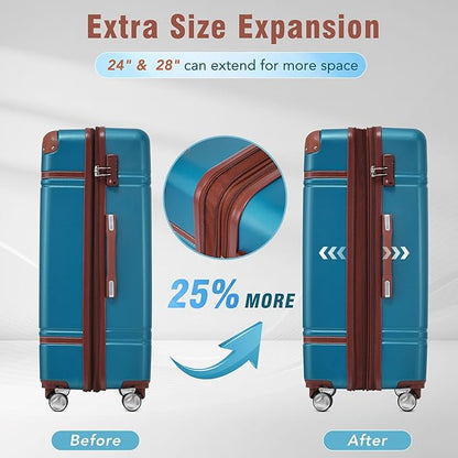Merax Luggage Set 2 Piece Suitcase Set with Cosmetic Case Expandable Spinner Wheels Vintage Luggage Sets(Blue, 20"+24")