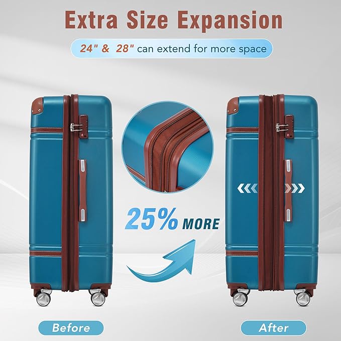 Merax 24 Inch Checked Luggage, Expandable Suitcase with Spinner Wheels, Hard Shell Vintage Luggage Set with TSA Lock(Blue)