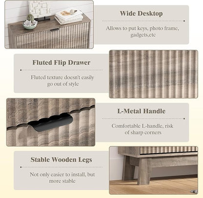 Shoe Cabinet Storage for Entryway with 2 Flip Drawers, Fluted Narrow Shoe Organizer with Wooden Legs, Freestanding Slim Shoe Storage Hidden Shoe Rack Organizer for Front Door Entrance, Grey