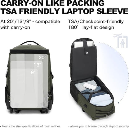 Boavan Rolling Backpack,17 inch Water Resistant Wheeled Backpack,Carry on Luggage Business Bag, Overnight College Computer bag Trolley Suitcase for Men Women Adults to Travel，Green