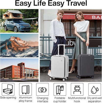 mixi Large Checked Luggage with Cup Phone Holder and Charger Hard Shell Suitcases with Spinner Wheels, 26 Inch Smoke White