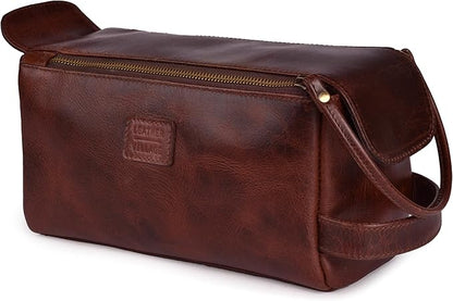 LEATHER VILLAGE Premium Leather Travel Toiletry Bag - Water-Resistant Dopp Kit for Toiletries, Large Shaving Bag & Bathroom Organizer - Gift for Men & Women - Cherry Brown