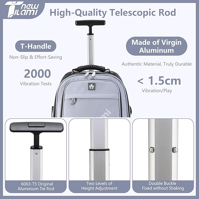 NEW TILAMI 19 Inch Rolling Backpack 360°rotating Universal Wheel, Large Organizer Compartments, Adjustable Handle, Carry on for School Students Business Travel, Soft Grey