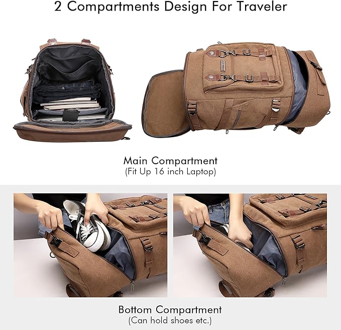 WITZMAN Travel Backpack for Men Women Canvas Backpack Carry on Luggage Rucksack Convertible Duffel Bag Large (A568 Brown)