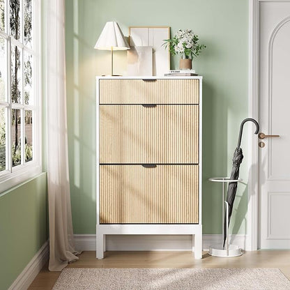 GAOMON Shoe Cabinet with 2 Flip Drawers, Entryway Cabinet with Adjustable Shelves, Accommodate 8 to 12 Pair of Shoes, Space-Saving Slim Shoe Cabinet for Entryway, Hallway, Front Door, White Oak