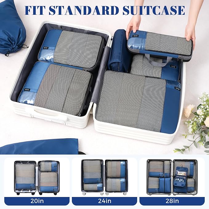 BAGAIL 4 Set/6 Set/8 Set Compression Packing Cubes Travel Accessories Expandable Packing Organizers(HalfMesh,8-Navy)