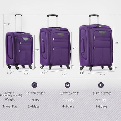 Merax Luggage Set, Softside Suitcase 3 Piece, Expandable Lightweight Luggage Sets with Duffel Bag 22" 26" 30" Suitcase with Wheels TSA Lock,Purple