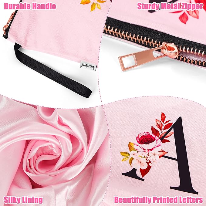 Vavabox A-Z Personalized Makeup Bag, Birthday Gifts for Women Mom, Gifts for Best Friend, Bride Bridesmaid Cosmetic bag (J, Pink)