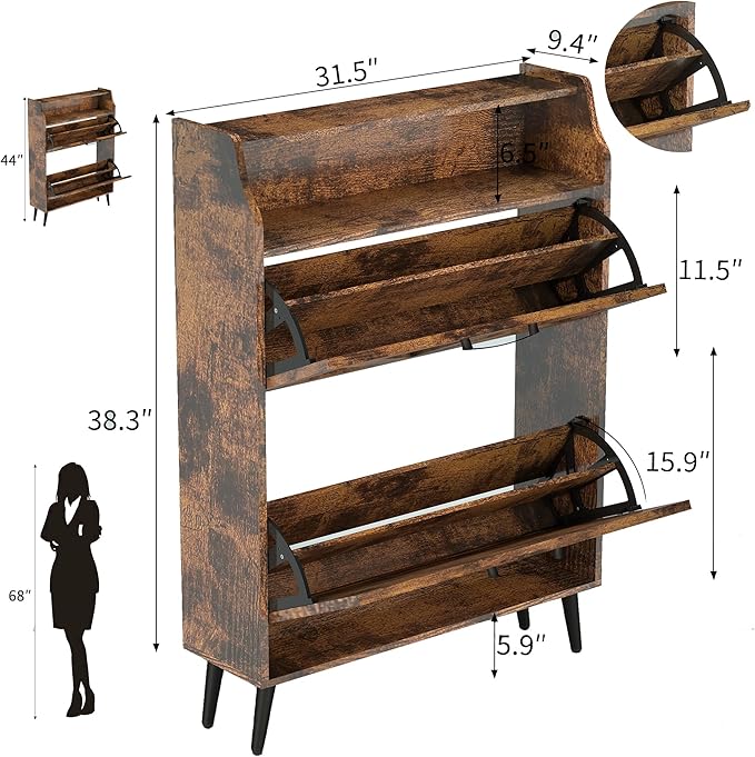 Shoe Cabinet for Entryway, Shoe Organizer Cabinet Slim 9.35", Flip Drawer Shoe Rack with Top Shelf, Narrow Wood Shoe Storage for 34 Pairs, Modern Rustic Entryway Furniture