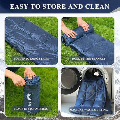 MOOX Down Camping Blanket Packable Backpacking Camping Quilt Outdoor Lightweight Warm Water Resistant Puffy Sleeping Bag Travel Hiking 55"x79" Waterproof Camp Throw Blanket, Blue Gray