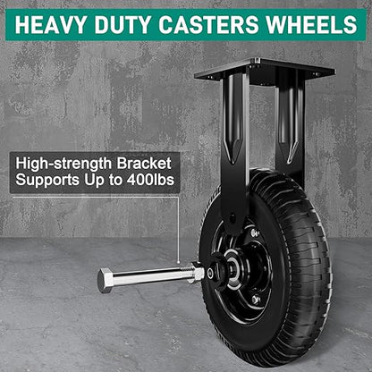 8 Inch Caster Wheels Set of 2 (2 Fixed), 800lb Total Capacity, Heavy Duty Plate Casters with Solid Rubber Knobby Tread for Workbench, Cart, Dolly, Trolley, Wagon, and Outdoor Use