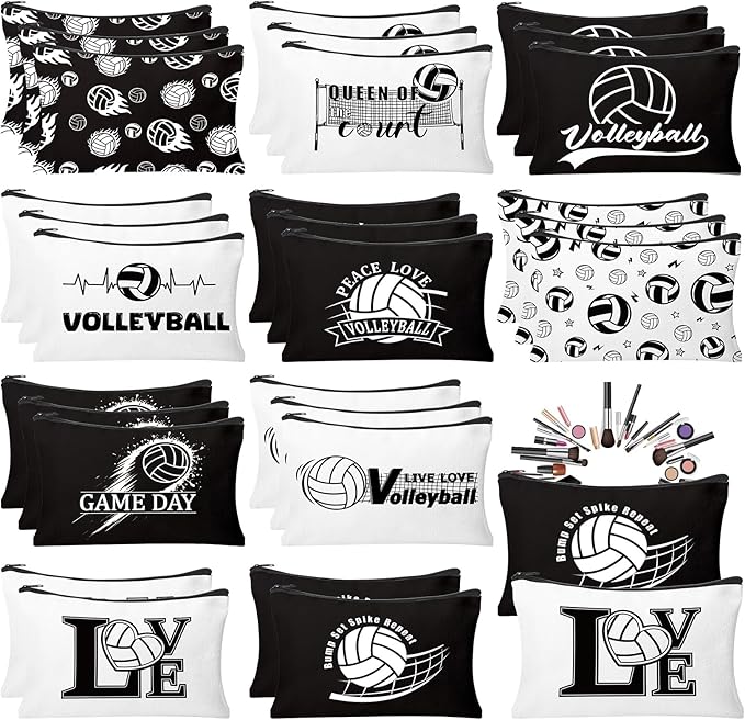 30Pcs Volleyball Makeup Bag Volleyball Cosmetic Bags Gift Accessories Canvas Travel Toiletry Pouch Birthday Christmas Gifts for Women Players Lover