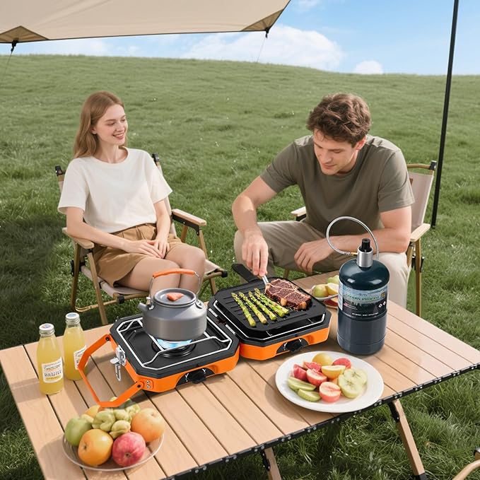 Dollate 2-Burner Propane Stove with Griddle and Carrying Bag, Portable Foldable Camping Stove with 2 Adjustable Burners 16000 BTUs,for Camping Tailgating Essentials Gear (Orange)
