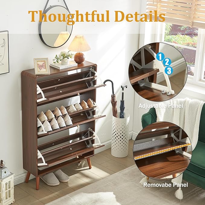 Rattan Shoe Cabinet with 3 Flip Drawers, 24 Pairs Narrow Shoe Storage Cabinet for Entryway Freestanding Hidden Shoe Rack, Modern Slim Wood Shoe Organizer for Hallway, Walnut