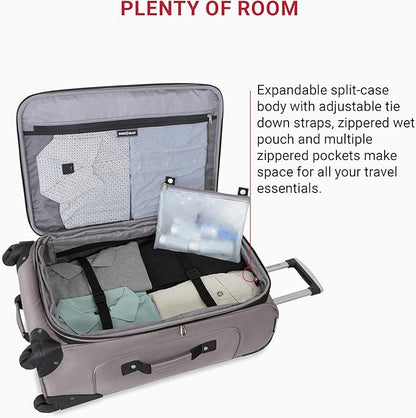 SwissGear Sion Softside Expandable Luggage – Medium Checked Suitcase with 360 Degree Wheels & Retractable Handle – 25 Inch, Perfect for 1-7 Night Trips – Pewter
