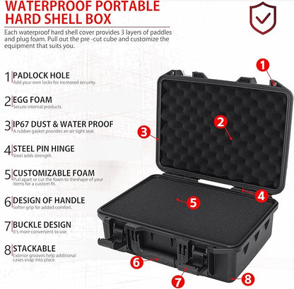Hard Case with IP67 Waterproof Shockproof Tool Box for Microphone, Drones, Camera, Equipments, Portable Storage Case, 16.5 x13 x 7 Inch