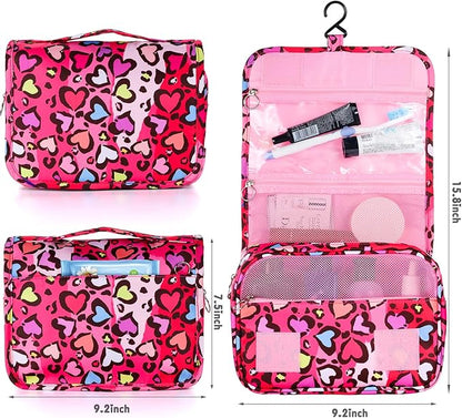 Kids Hanging Toiletry Bag for Girls, Travel Toiletry Bag for Little Young Girls Cosmetic Makeup Waterproof Wash Bag Toddler Traveling Toiletries, Leopard Red