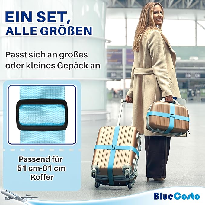 Luggage Straps for Suitcases - TSA Approved - Blue, 4 PK - Premium Nylon Belts for Suitcase, Briefcase & Travel Bag - Adjustable Strap Length 46" - 78"