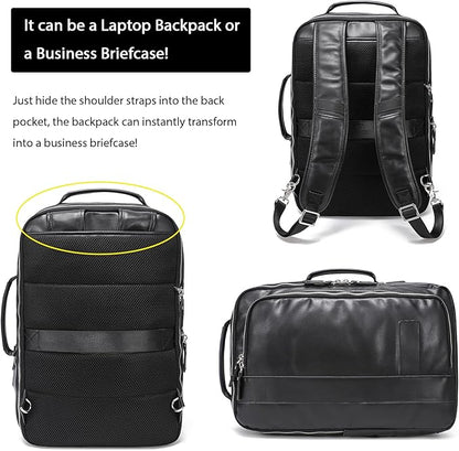 LANNSYNE Vegetable Tanned Leather Backpack for men, Expandable Leather Backpack Fits 15.6 Laptop, Tote Shoulder Travel Bag Rucksack