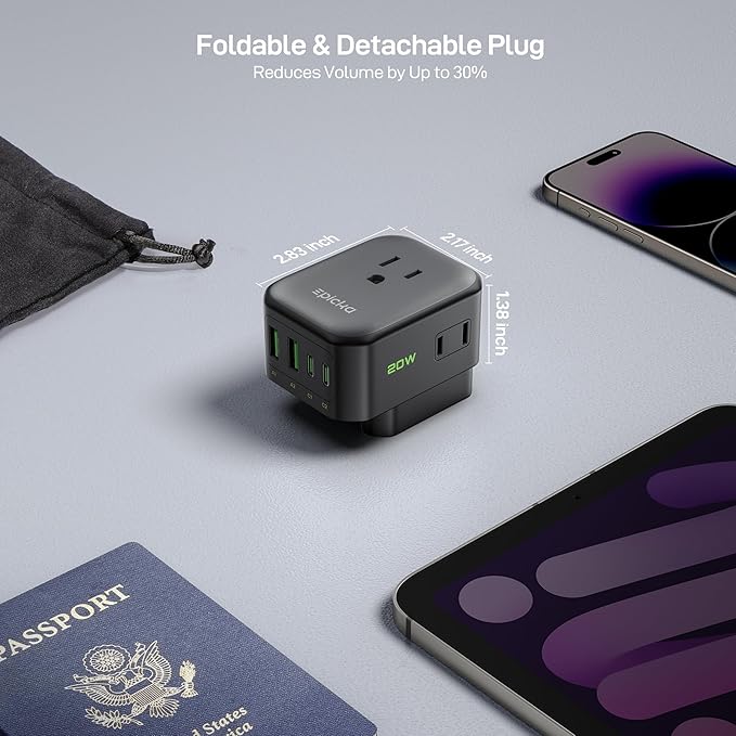 EPICKA Hybrid European Travel Plug Adapter, Foldable & Detachable Type C (EU) VisaPlug, 8-IN-1 International Power Adapter with 4 USB Ports (2 USB-C PD 20W) - Travel Essentials for US to Europe, Black