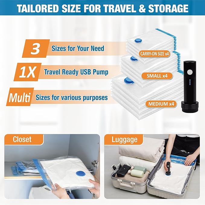12 Pack Travel Vacuum Storage Bags with Rechargeable Wireless Electric Pump, Travel Packing Bags for Luggage and Suitcase, Carry-on Size Compression Space Saver for Clothes and Clothing
