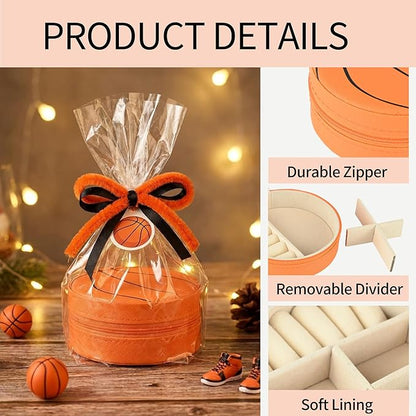 12 Packs Basketball Mini Travel Jewelry Case Round Basketball Stuff Small Portable PU Leather Jewelry Box Organizer Storage Case for Sports Team Club Lovers Birthday Goodie Favors Gifts
