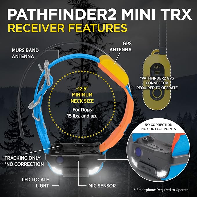 Dogtra Pathfinder 2 Mini TRX Additional Receiver Dog GPS Tracker LED Light Orange Collar SmartWatch Compatible Rechargeable Waterproof Free Offline Maps No Monthly Fee Smartphone Required