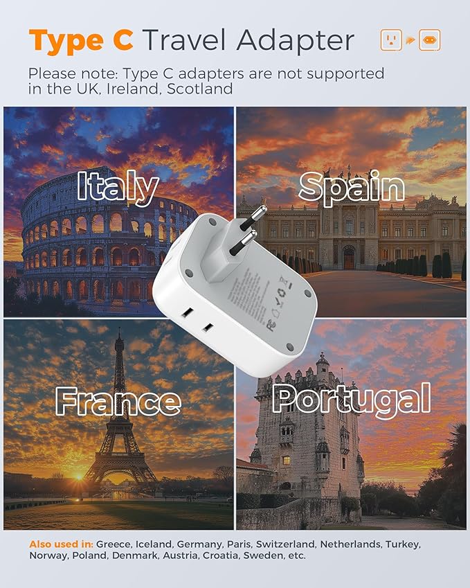 TESSAN European Travel Plug Adapter USB C 3 Pack, US to Europe Plug Adaptor with 4 AC Outlets 3 USB Charging Ports, Type C Power Adapter for USA to EU Euro Spain France Iceland Italy Germany Greece