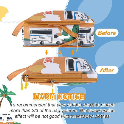 Paterr 7 Pcs Days of Week Packing Cubes Compression Packing Cubes for Kids Winter Camp Travel Daily Outfit Suitcase Organizers Zippered Storage Bag for Cruise Vacation Essentials(Camping)