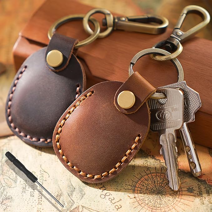 Timyca for Airtag Holder Keychain-Genuine Leather for Airtag Keychain Holder 2 Pack,Handmade for Air Tag Case Scratch-Resistant for Airtag Leather Key Chain Ring Compatible for Apple Airtag,Luggage