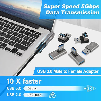 Angle USB 3.0 Adapter 5 Pack, Multiple Angles(UP/Down/Left/Right/Straight),USB A Male to Female Connector Converter USB L Shape Extender, Support Charge & Data Sync for PC, Laptop, Mouse, Keyboard