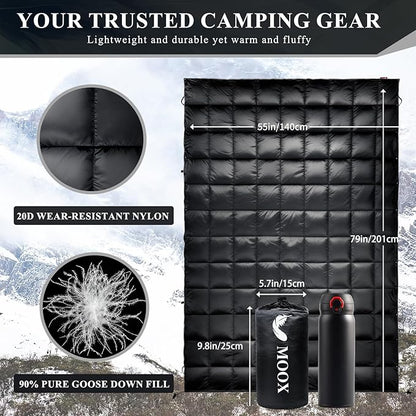 MOOX Down Camping Blanket Packable Backpacking Camping Quilt Outdoor Lightweight Warm Water Resistant Puffy Sleeping Bag Travel Hiking 55"x79" Waterproof Camp Throw Blanket, Black