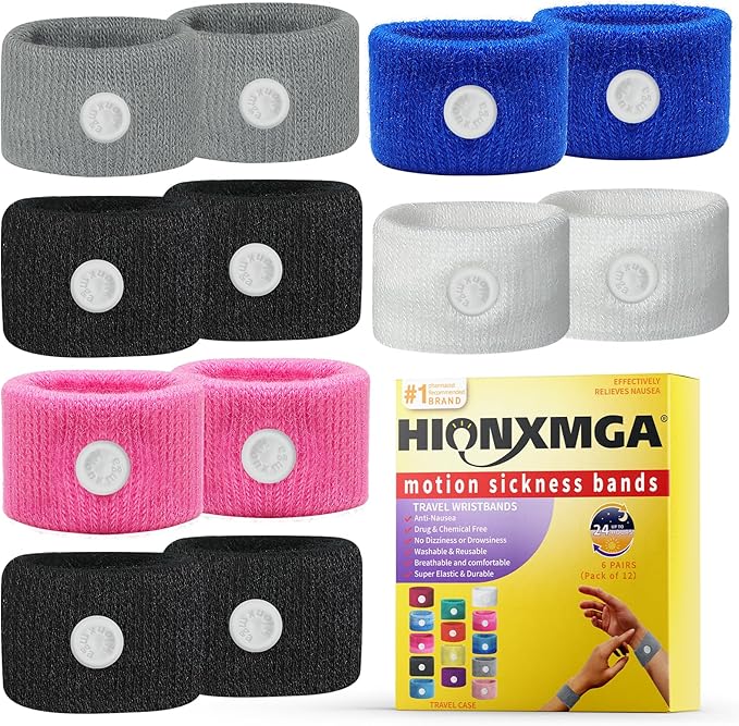 6 Pairs Motion Sickness Bands – Natural Anti Nausea Acupressure Wristbands for Morning & Motion Sickness Relief – Ideal for Car, Cruise & Flight Travel – for Adults and Kids