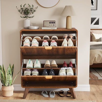 RARZOE Fluted Shoe Storage Cabinet with 2 Flip Drawers, Narrow Curved Shoe Cabinet for Entryway, Freestanding Wood Hidden Shoe Organizer Closed Shoe Rack Cabinet for Foyer, Hallway (27.5''Walnut)