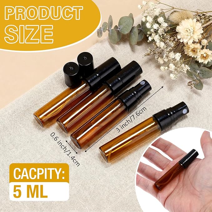 Tanlade 300 Pcs 5ml Mini Spray Bottles Brown Glass Perfume Atomizer Sprayer Bottles Portable Perfume Travel Refillable Bottle for Travel Pocket Dispenser Container