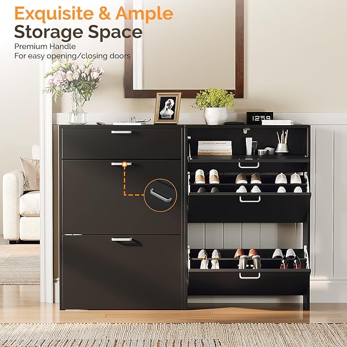 VINGLI Shoe Cabinet Storage for Entryway Ultra Slim with 2 Flip &1Drop-Down Drawers, 24.8" W Narrow Shoe Cabinet for Front Door Entrance,Freestanding Black Wood Shoes Organizer for Hallway