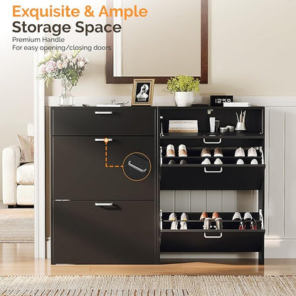 VINGLI Shoe Cabinet Storage for Entryway Ultra Slim with 2 Flip &1Drop-Down Drawers, 24.8" W Narrow Shoe Cabinet for Front Door Entrance,Freestanding Black Wood Shoes Organizer for Hallway